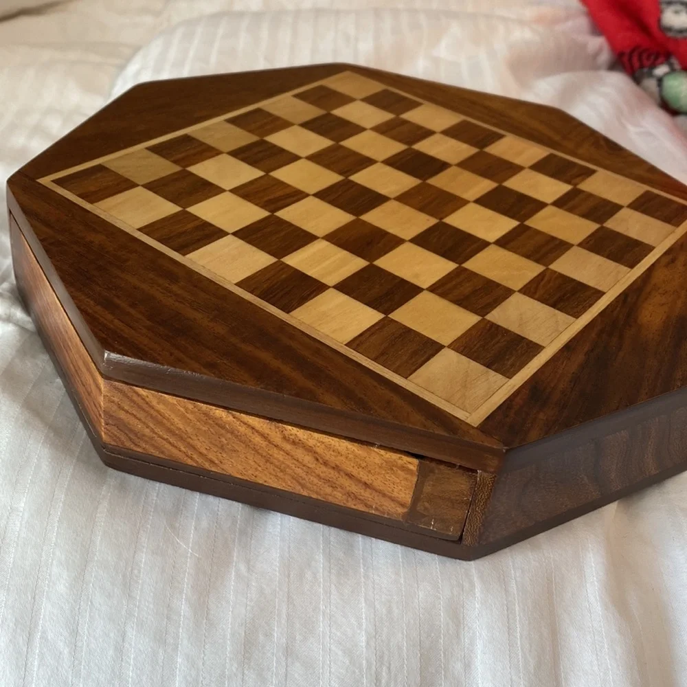 Wooden Octagonal Miniature Chess Set 9”